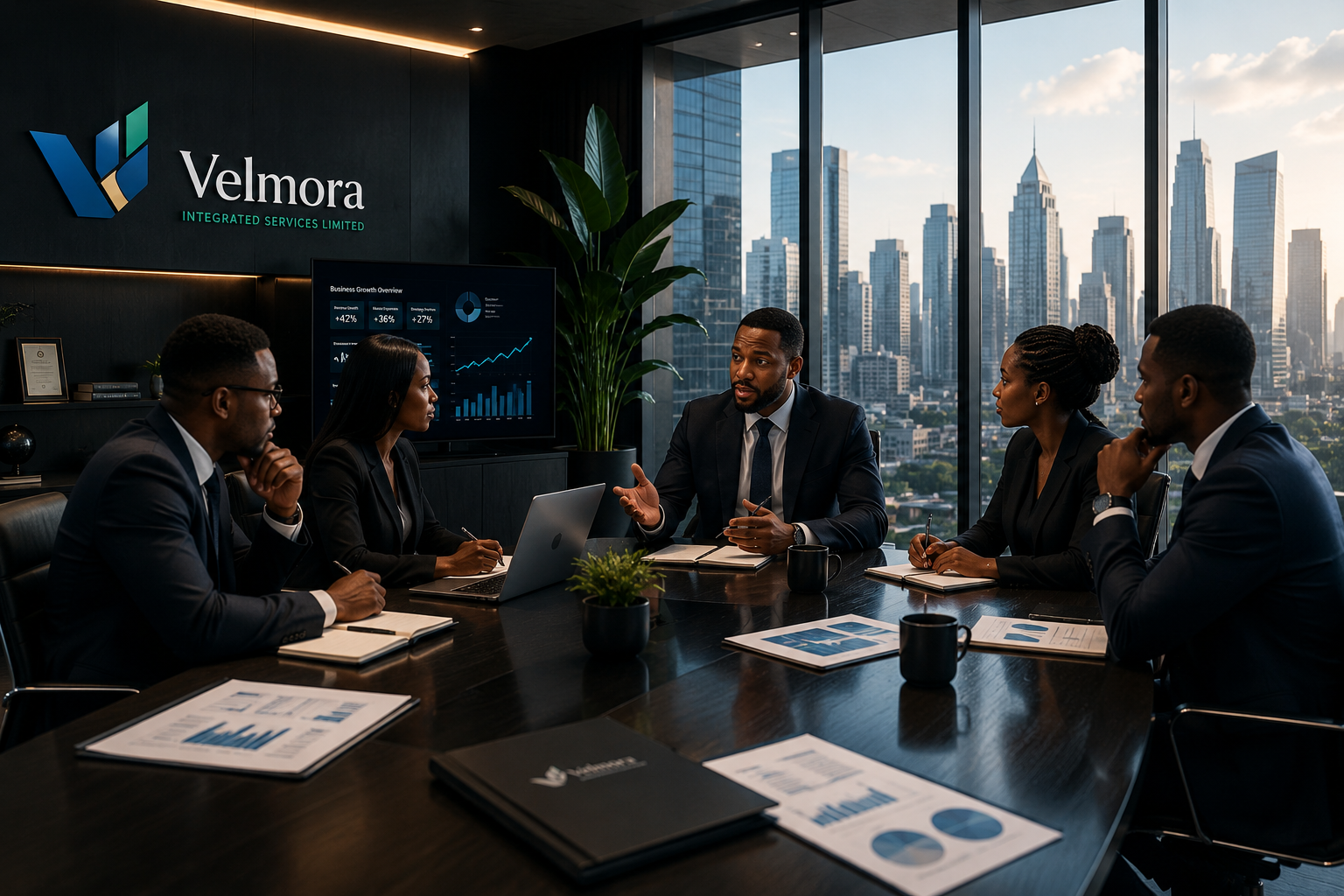 Velmora business growth strategy meeting in a modern boardroom